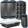 NutriChef 6-Piece Baking Pan Set - Carbon Steel Stackable Bakeware with Blue Silicone Handles & Nonstick Coating, Includes Cookie Sheets, Roaster Pan with Lid, Loaf Pan, and 12 Cup Muffin Pan (Gray)