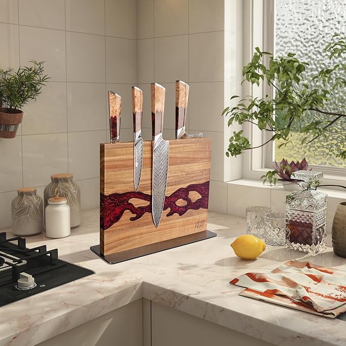 FINDKING Magnetic Knife Block, Double Sided Holder, Powerful Magnet Kitchen Storage, Acacia Wood and Red Resin (12 x 10 Inches, Without Knives)