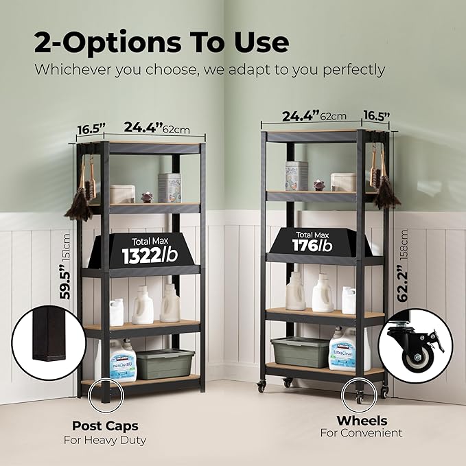 HOMEDANT House 5-Tier Metal Rolling Cart Shelf Rack Casters Heavy Duty Laminated Wheel Shelving Unit Adjustable Utility Storage Shelves Organizer Shelf Kitchen Garage 24.4" W x 16.5" D x 62.2" H 4Pack