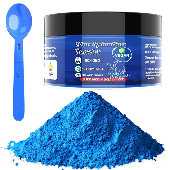 Blue Spirulina Powder - 40g Natural Blue Food Coloring, No Fishy Smell, 100% Vegan Phycocyanin Extract Spirulina Powder, Plant Based Food Dye for Cake Decorating, Smoothie, Baking, Drinks