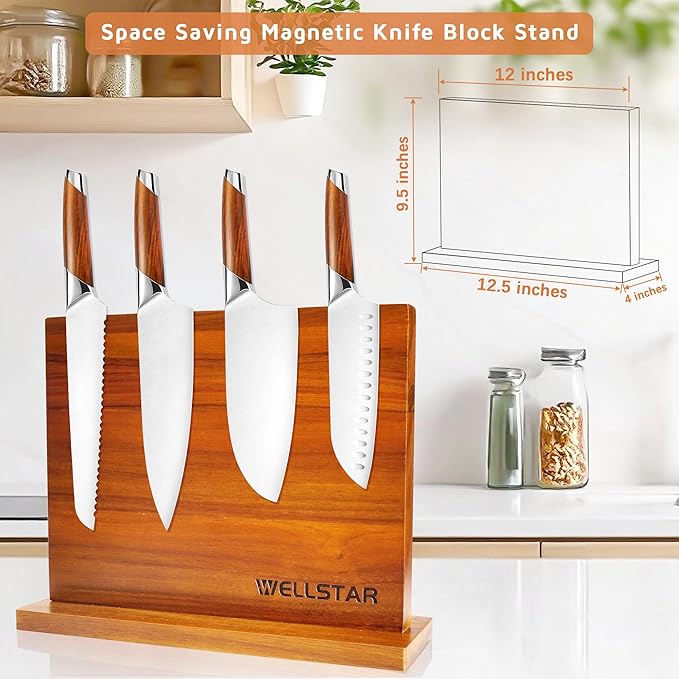 Modern Acacia Magnetic Knife Block Holder 12 x 10 Inches, Large Dual-Sided Strong Magnet Wood knives Stand, Luxurious Kitchen Counter Rack Organizer for a Stable and Stylish Cutlery Display