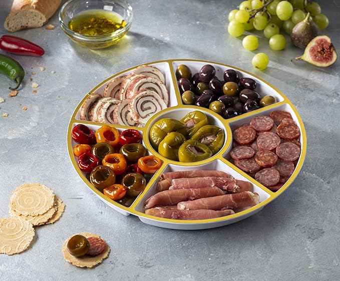 Plasticpro 6 Sectional Round Plastic Serving Tray/Platter (4, White & Gold)