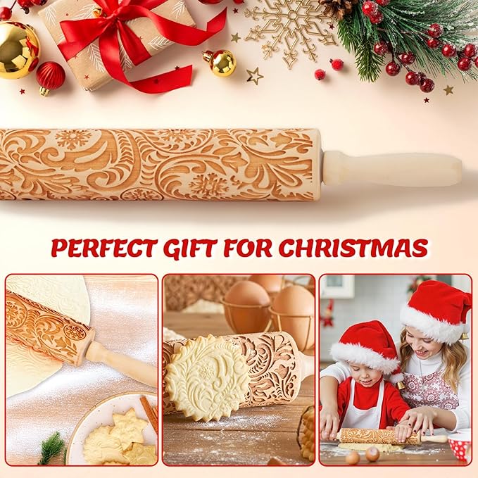 Christmas Gifts Wooden Embossed Rolling Pin for Baking, Stocking Stuffers Gifts for Women, Deep Engraved Embossing Rolling Pins with Snow Pattern Designs for Baking Cookies Stamps Roller DIY Tools
