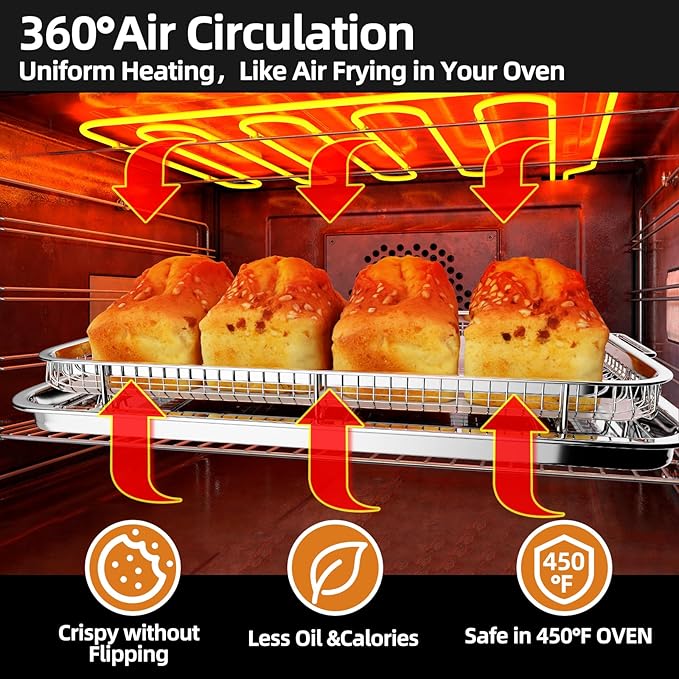 Air Fryer Basket, 2 Set Air Fryer Pans and Tray for Oven with 60 PCS Parchment Papers, DEGOVIN Non-stick Stainless Steel Oven Air Fryer Basket and Tray-18.8" x 12.8"Extra Large &15.7" x 11.6"Large