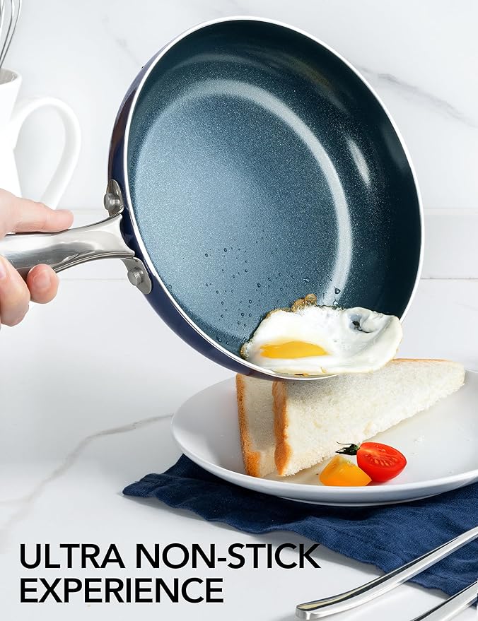 MICHELANGELO 12 Inch Frying Pan with Lid, Blue Frying Pan with Nonstick Diamond Infused Coating, Nonstick Frying Pans, Ceramic Fry Pan, Non-Toxic