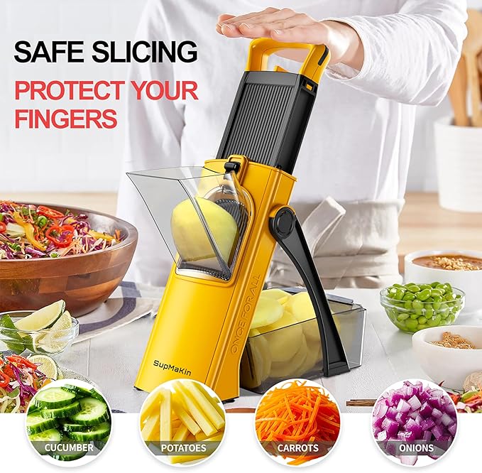 SupMaKin Upgrade Safe Mandoline Slicer, Multi Vegetable Chopper, Potato Slicer, Vegetables Slicer Onion Chopper Fry Cutter, Kitchen Chopping Artifact (Yellow)