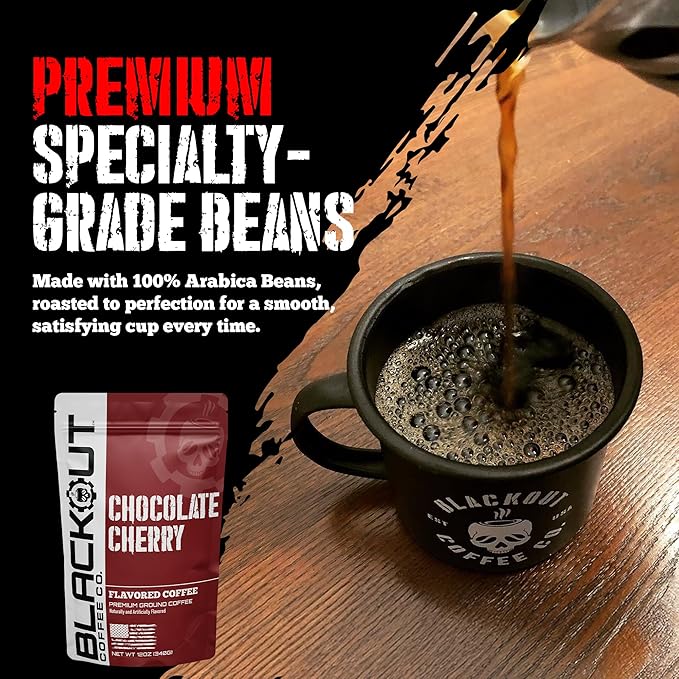 Blackout Coffee Chocolate Cherry Flavored Ground Coffee – Medium Roast, Smooth Taste, Guilt-Free Indulgence – Freshly Roasted 12oz Pouch, American Made