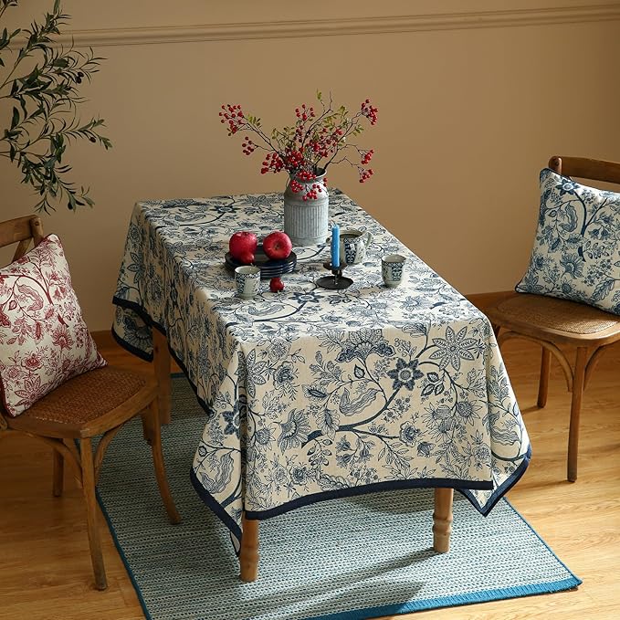 ISAENNE Designer French Linen Long Rectangle Tablecloth,Blue Floral Washable Indoor Table Cloth,Durable Home Decor Tablecloths for Dining Thanksgiving Kitchen Party Christmas,63"*102"-Ruyi B