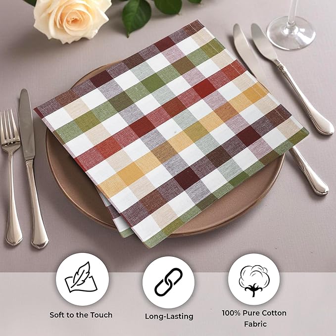 Urban Villa Harvest Cloth Dinner Napkin Set of 6 20x20 inches Fall Checks 100% Cotton Highly Absorbent Durable Reusable Washable Ideal for Farmhouse Thanksgiving Fall Everyday Use Table Napkins