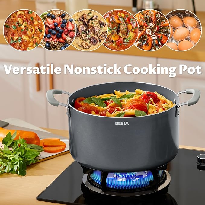 10 Quart Nonstick Stock Pots with Lid, BEZIA Ceramic Soup Pot with Lid, Induction Ready, Cooking Pots with Silicone Handle, Large Pot for Cooking, Compatible with All Cooktops, Dishwasher Safe