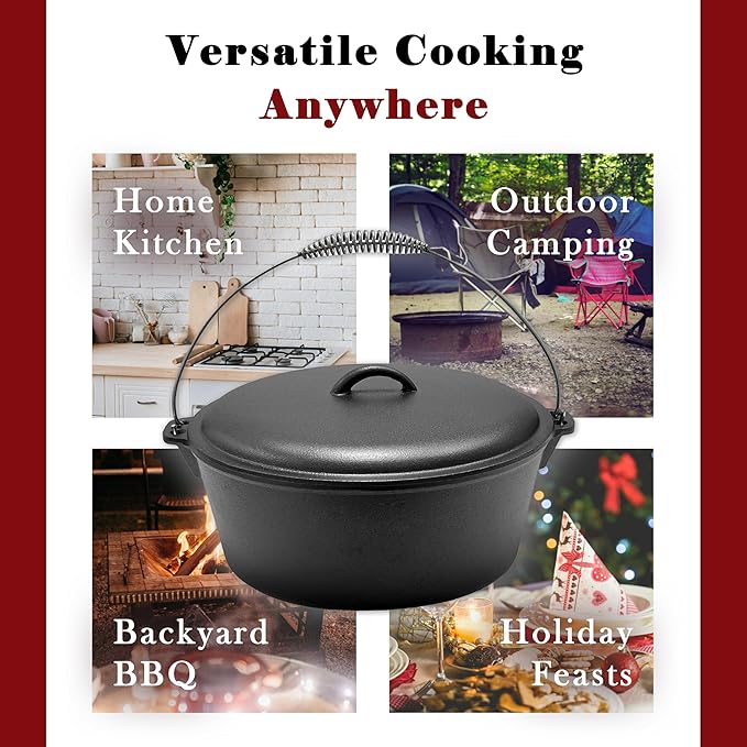 Cuisiland 12 Quart Cast Iron Dutch Oven with Dome Lid & Bail Handle – Pre-Seasoned Large Campfire Pot for Outdoor Cooking, Roasting, Baking & Stews – Heavy-Duty Cookware with Even Heat Distribution