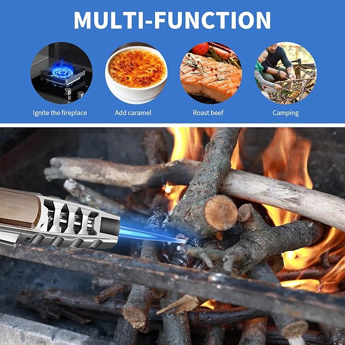 Butane Torch Lighter,Windproof Refillable Kitchen Cooking Torch,Adjustable Flame Solar Beam Blow Torch with Safety Lock for Candle Camping BBQ (Not Included Butane Gas) (Brown)