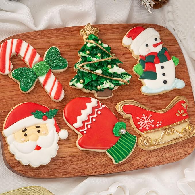 Flycalf Christmas Cookie Cutters Xmas Tree Shapes with Plunger Stamps Holiday PLA Baking Accessories Cutter Molds Gifts Decorative Party 3" Kitchen Cake Supplies