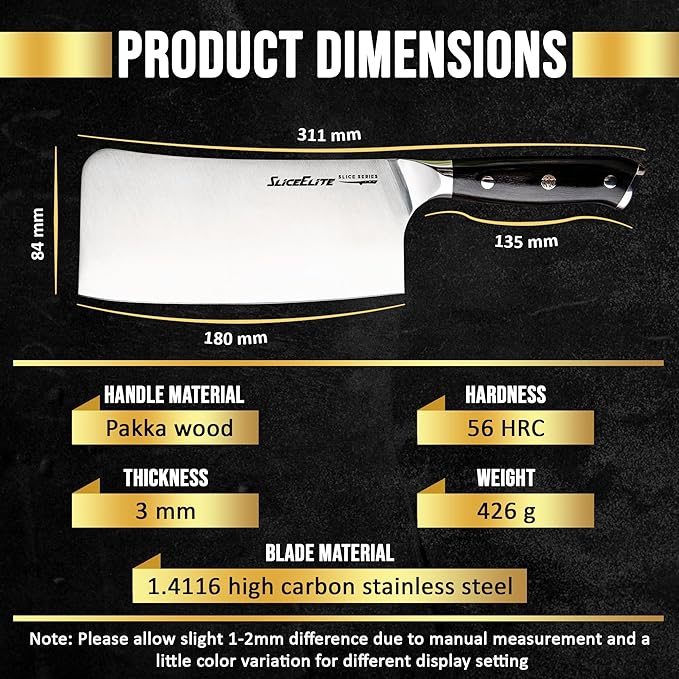 SliceElite Slice Series 7 Inch Bone Cutting Kitchen Knife High Carbon German Steel Blade Pakkawood Handle Butcher Chopper Cleaver Vegetable Fruit Tool Heavy Duty Kitchen BBQ Gift Sharpest Chef