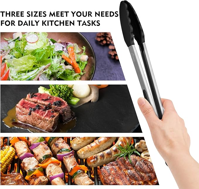 HOTEC Premium Stainless Steel Locking Kitchen Tongs with Silicon Tips, Set of 3-7", 9" and 12" (Black,Grey,Khaki)
