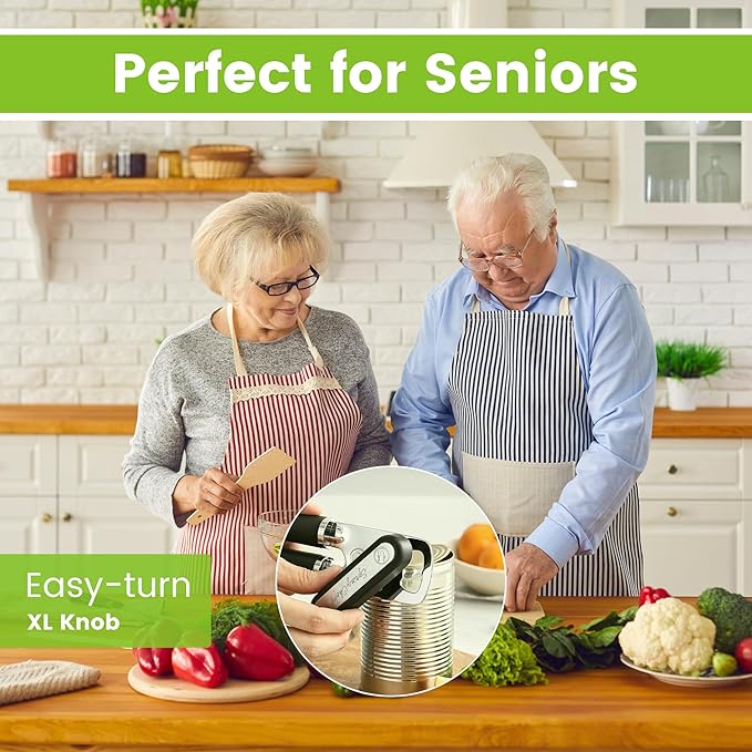 Spring Chef Stainless Steel Can Opener - Manual with Soft Grip Handles, Easy Turn, Heavy Duty Hand Can Openers for Seniors with Smooth Edge - Magnetic Lid Remover - Black