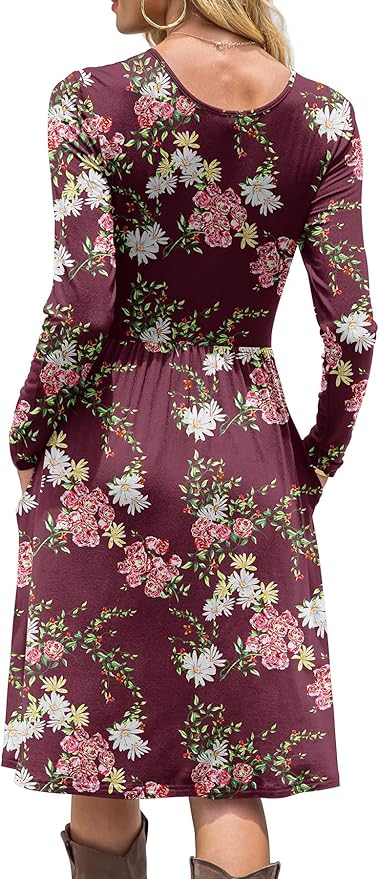 DB MOON Women Casual Long Sleeve Dresses Empire Waist Knee Length Loose Dress with Pockets