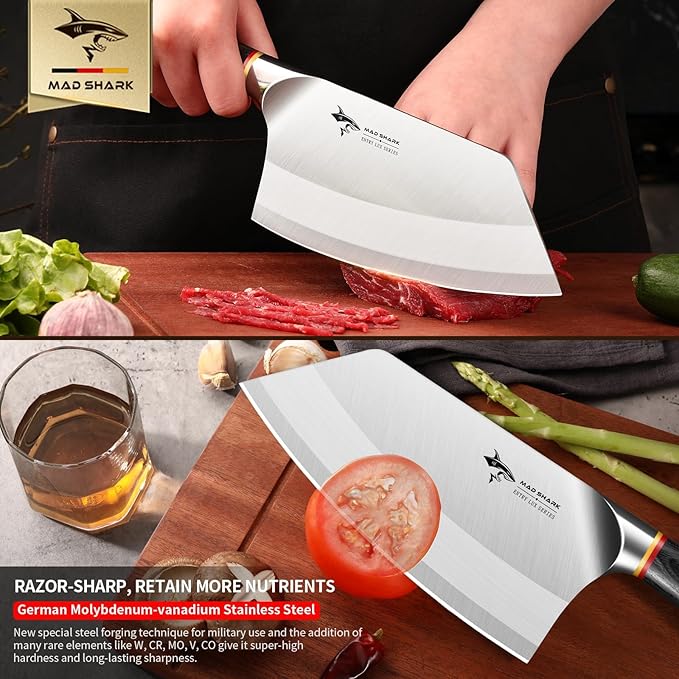 MAD SHARK 7 Inch Meat Cleaver Knife, German Stainless Steel Professional Vegetable Knife, Stainless Steel with Beautiful Pakkawood Handle, Heavy Duty Blade for Chef, Home Kitchen and Restaurant