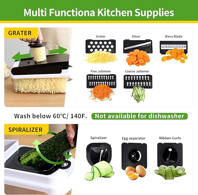 18-in-1 Vegetable Chopper Mandoline Slicer for Kitchen, Food Chopper with Container, Veggie Cutter, Onion Mincer Tomato Dicer, Fruit Slicer Spiralizer, Cheese Grater, Kitchen Gadgets House Essentials