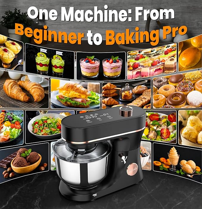 Stand Mixer 6QT Kitchen Mixer with LED Smart Touchscreen, 11-Speed Tilt-Head Mixer with Timer, 4 Preset Menus, Stainless Steel Bowl, Dough Hook, Whisk, Beater,Black