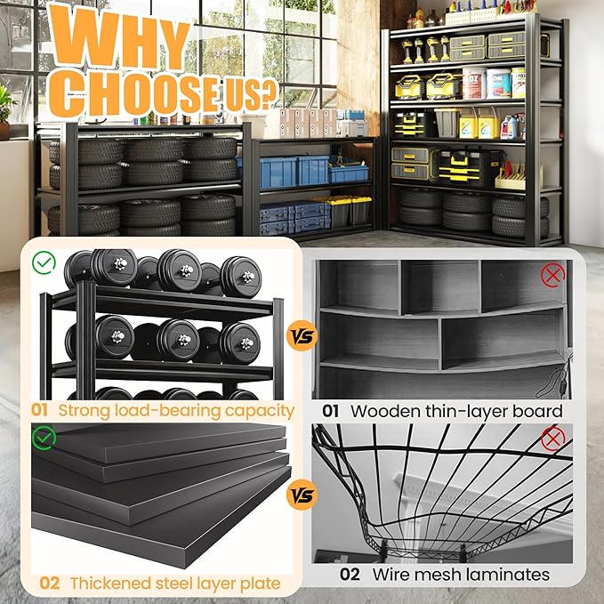 63" H Garage Shelving, Heavy Duty Storage Shelves, Garage Storage Shelves, Adjustable 5 Tier Metal Shelving Unit, Utility Shelves for Warehouse Backyard, 63" H×31.5" W×16" D