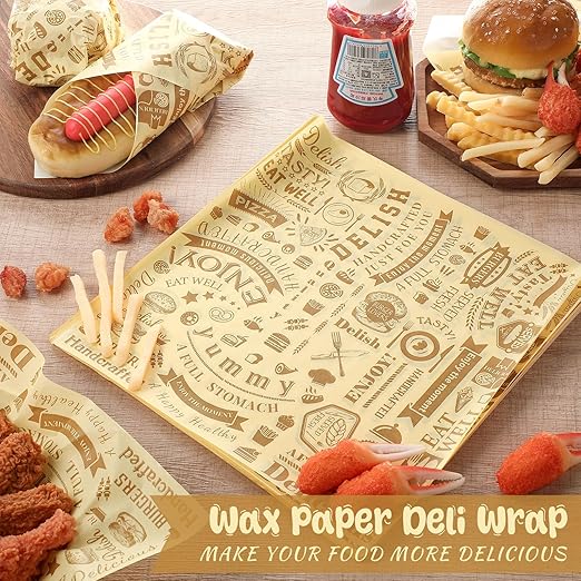 Outus 600 Pcs 12 x 12 Inch Deli Wax Paper Sheets Grease Resistant Tray Basket Liners Newsprint Paper Water and Grease Proof Sandwich Wrapping Square Hot Dog Wrappers for Food Baking (Light Yellow)