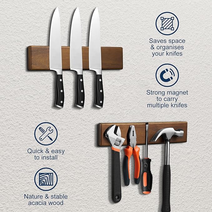 ENOKING Magnetic Knife Holder for Wall, 10 Inch Powerful Magnetic Knife Holder for Refrigerator, Knife Magnetic Strip No Drilling Acacia Wood Wall Knife Holder Magnet Magnetic Knife Bar with 2 Hooks