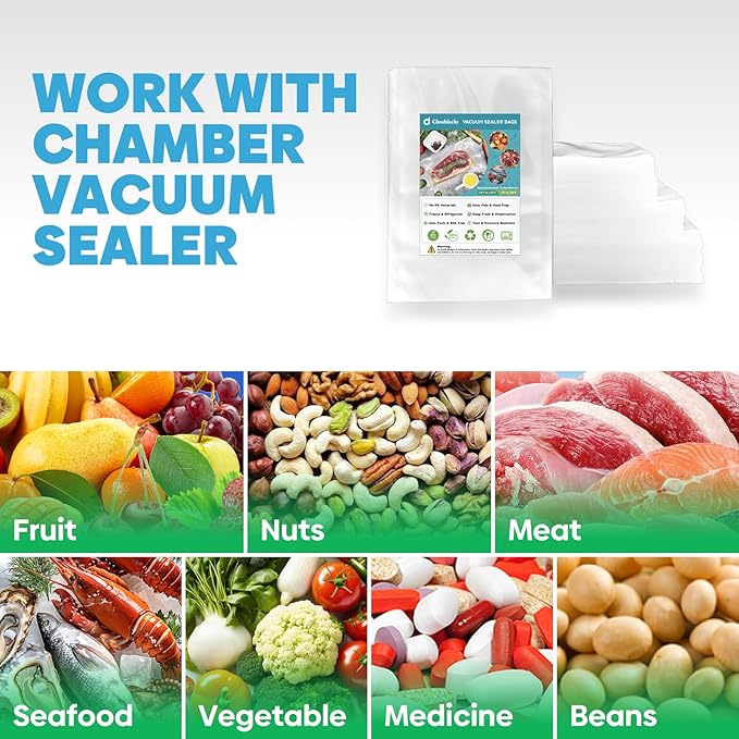 Chamber Vacuum Sealer Bags,8"x10" 200 Pcs Pre-cut Chamber Machine Pouches,Heavy Duty Chamber Vacuum Bags for Commercial Sealer,Food Storage,Meal Prep,Sous Vide,Meat Cheese Goods, BPA Free