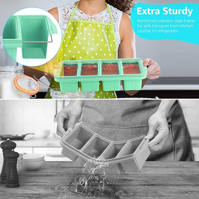 Silicone Freezer Tray With Lid - Silicone Freezer Food Molds- Large Ice Cube Tray,Silicone Freezer Container,Freeze & Store Soup, Sauce, Broth,Leftovers - Makes 4 Perfect 1 Cup