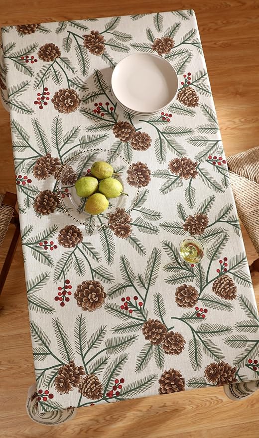 ISAENNE Designer Christmas Beige Linen Long Rectangle Tablecloth,Pinecones Pattern Indoor Table Cloths,Washable Decor Tablecloths for Dining Thanksgiving Kitchen Christmas,63"*102"-Carol B