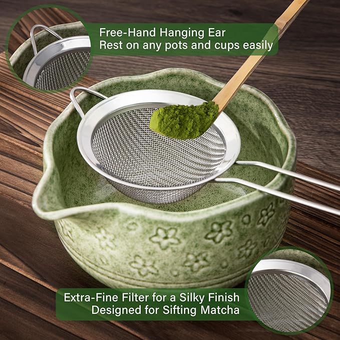 ALBISS Matcha Whisk Set - 7 Pcs Ceramic Matcha Kit with 18oz Spout Bowl & Cherry Blossom Design, Bamboo Whisk & Holder, Scoop, Rest, Sifter, Towel, Elegant Japanese Tea Gift Set for Macha Lover, Green