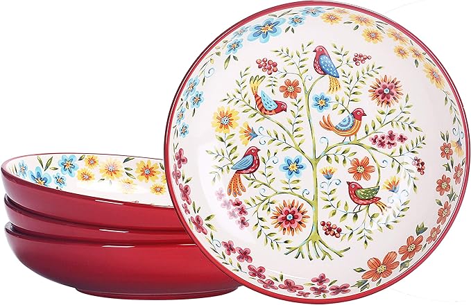 Bico Red Spring Bird Pasta Bowls, 35oz Salad Bowl Set of 4, Large Ceramic Serving Dinner Bowls for Soup and Cereal, Microwave and Dishwasher Safe, Gift for Housewarming and Thanksgiving