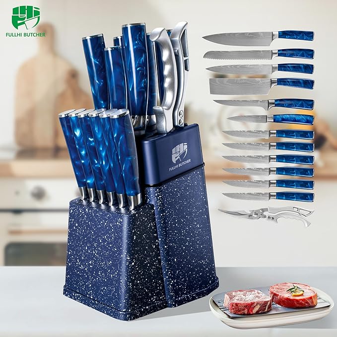 FULLHI 14pcs Block Knife Set, Chef's Knife Steak Knives Set with Block and Sharpener, Kitchen Knife Set, Multi-colour Handle, Gifts for Men Women