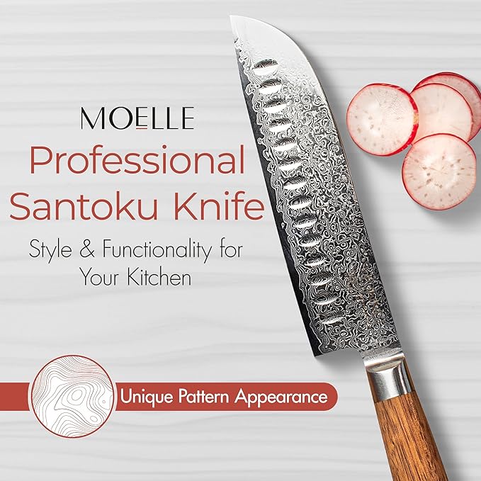 MOELLE Premium Teak Wood Damascus Santoku Knife 7” Blade - VG10 Japanese Damascus Steel 67 Layers, 60+ HRC - Danish Design Kitchen Knife with Elegant Gift Packaging