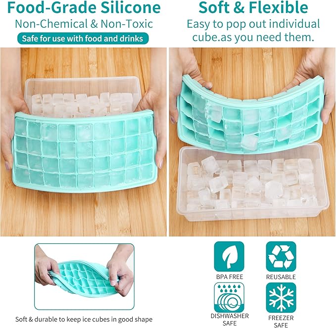 Silicone Ice Cube Tray with Leak-Proof Lid & Storage Bin for Freezer – BPA-Free 36-Piece Nugget Ice Molds, Spill-Resistant Cover & Ice Scoop Container Cover