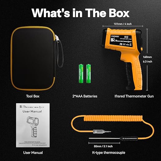 50:1 Infrared Thermometer IR Laser Gun, -58°F to 1796°F, Digital Temperature Gun/K-Type Probe -4°F to 932°F & Humidity Sensor for Cooking, Pizza Oven BBQ HVAC Home-Industrial Use