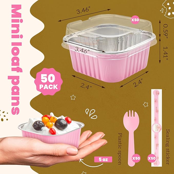 50 Pcs Mini Cake Pans with Lids and Spoons Aluminum Foil Mini Square Baking Cups with Lids Disposable Ramekins Cake Pans Dessert Cups for Wedding Birthday Party(Pink,5oz)