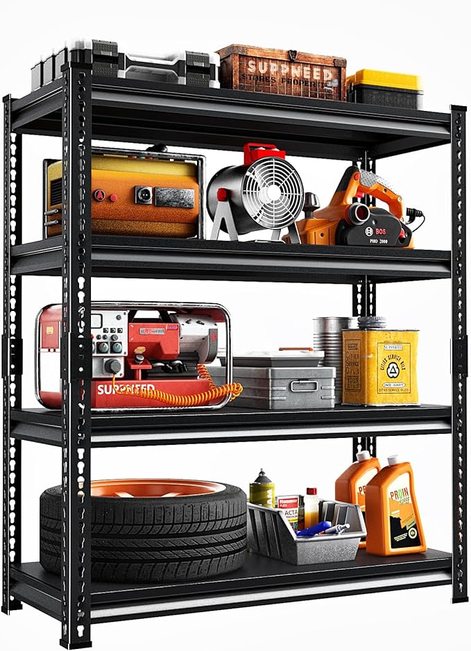 Adjustable Shelving Units and Storage, 48”W Garage Shelving Heavy Duty,2000LBS Loads 4-Tier Garage Storage Shelves, Metal Shelves for Living Room,Pantry,48”W×16”D×72”W,Black