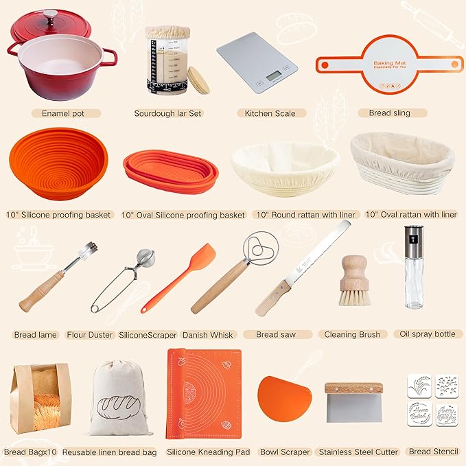 Super All-Inclusive Sourdough Starter Kit with Pot,Sourdough Bread Baking Supplies,4 Banneton Bread Proofing Baskets,Dutch Oven for Baking，Scale,34OZ Sourdough Starter Jar, Bread Making Tools Kit