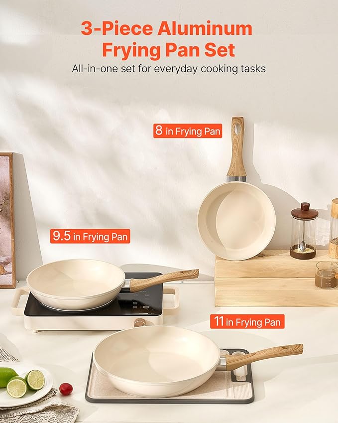 VEVOR Frying Pan Skillet, Aluminum Egg Fry Pans, 3 Piece (8, 9.5, 11 in), Nonsitck Ceramic Heavy-Duty Skillets with Heat-Resistant Handle, Chef's Kitchen Cookware for Gas, Electric, Induction, Beige