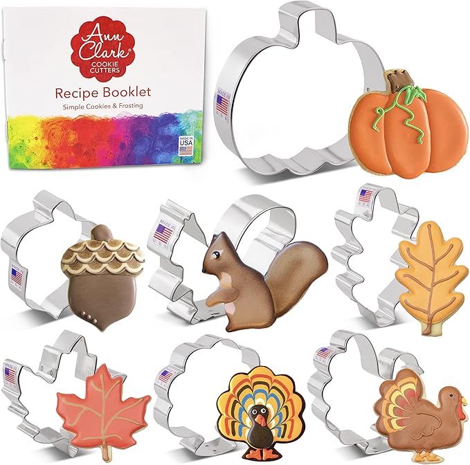 Fall and Thanksgiving Cookie Cutters Set 7-Pc. Made in the USA by Ann Clark, Pumpkin, Maple Leaf, Turkey, Squirrel, Acorn