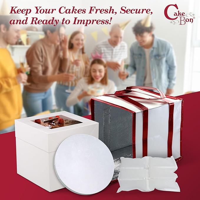 Cakebon Cake Box and Boards, 10-Inch Round White Wrapped Edges 1/2- Inch Thick Drums with Insulated Bag and Ice Pack – Cake Transport Set, Cooler for Cake Delivery and Transport (1pc Each, 4pcs Total)