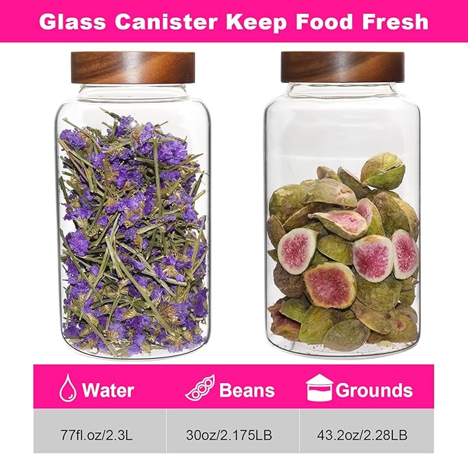 Glass Coffee Jars Spice Jar Round Storage Canister with Wooden Lid Clear Glass Food Jar for Pantry Sugar Tea Coffee Bean Spice Nuts Cookies Bath Salts (2300ml/77oz-2PACK(with spoon)