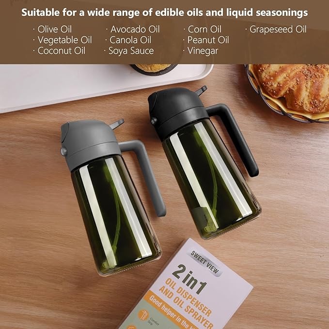 2PCS Olive Oil Dispenser and Oil Sprayer – 16oz/470ml Glass Light-Proof Oil Pourer for Kitchen, Air Fryer, Cooking, Salad, and BBQ