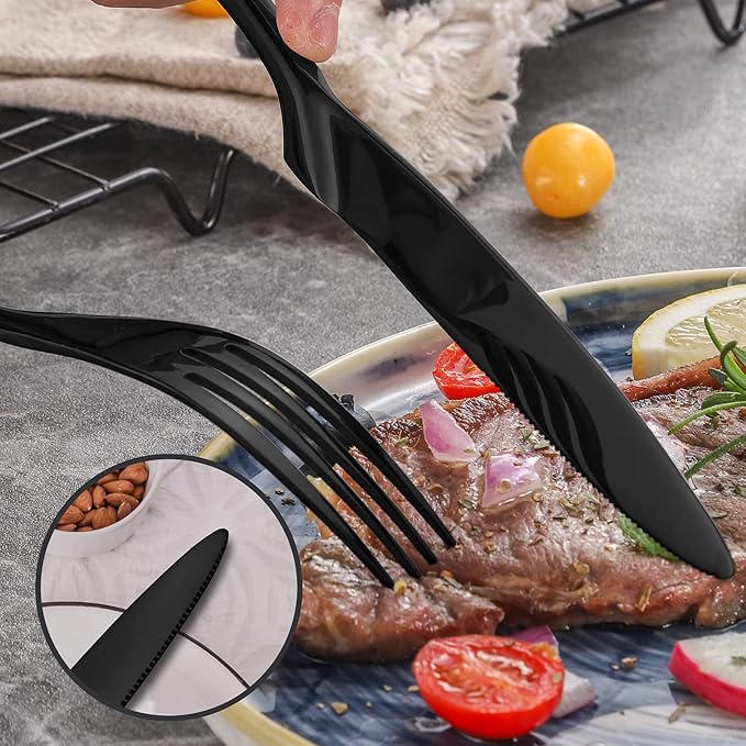 Lemeya 24-Piece Black Silverware Set for 6,Heavy Duty 18/10 Stainless Steel Cutlery Set with Forged Stand Knife,Modern Flatware Utensil Set,Forks Spoons and Knives Set,Mirror Polished,Dishwasher Safe