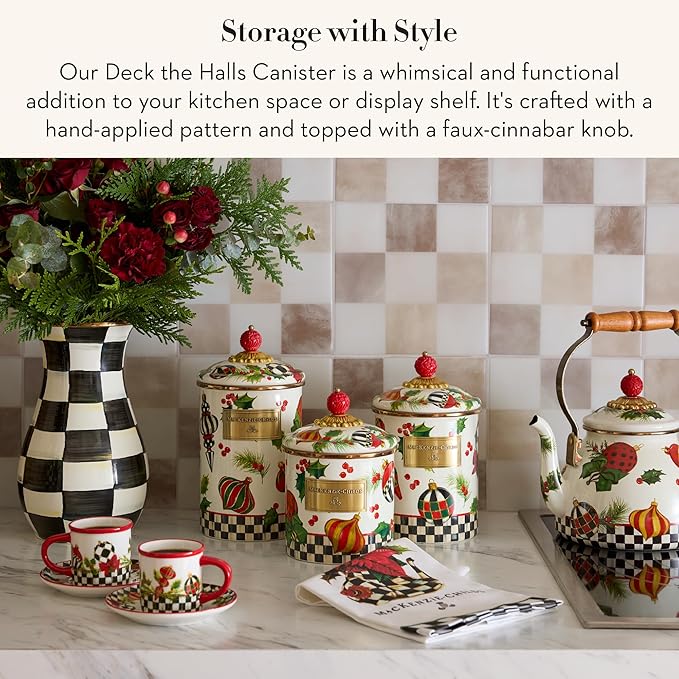 MACKENZIE-CHILDS Enamel Canister, Kitchen Storage Container with Lid, Small, Deck The Halls