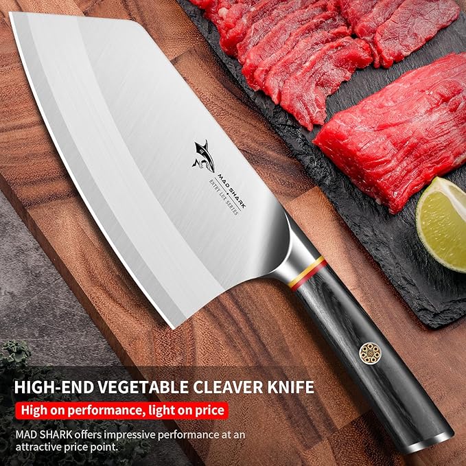 MAD SHARK 7 Inch Meat Cleaver Knife, German Stainless Steel Professional Vegetable Knife, Stainless Steel with Beautiful Pakkawood Handle, Heavy Duty Blade for Chef, Home Kitchen and Restaurant
