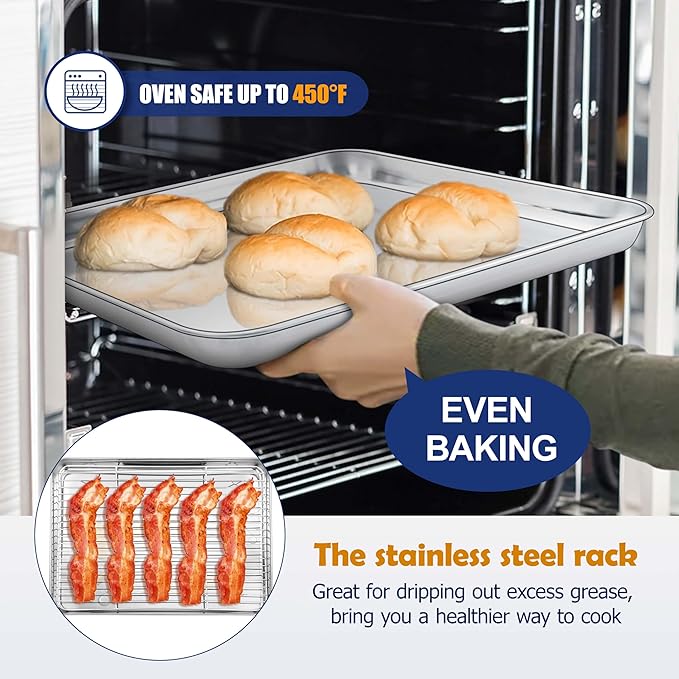 12.5 Inch Baking Sheet Pan with Rack Set, Joyfair Stainless Steel Toaster Oven Pans Tray & Cooling Racks for Cookie/Jelly Roll/Bacon/Meat, Commercial Metal & Rust-free, Dishwasher Safe