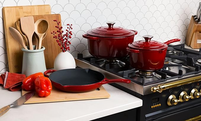 Larder & Vine 5-Piece Enameled Cast Iron Cookware Set - Includes 5.7 Quart Dutch Oven with Lid, 10.25 Inch Skillet, 2.2 Quart Saucepan with Lid (Cabernet)