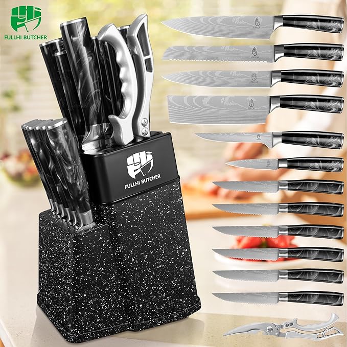 FULLHI 14pcs Block Knife Set, Chef's Knife Steak Knives Set with Block and Sharpener, Kitchen Knife Set, Multi-colour Handle, Gifts for Men Women
